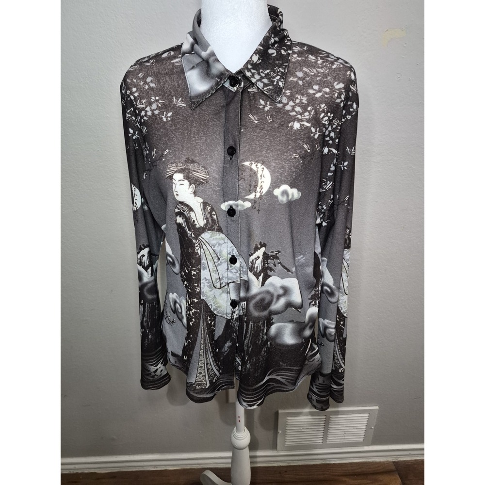 Merchant Button Down Shirt XL Asian Inspired‎ Print  Brown Preppy Artsy Sheer
